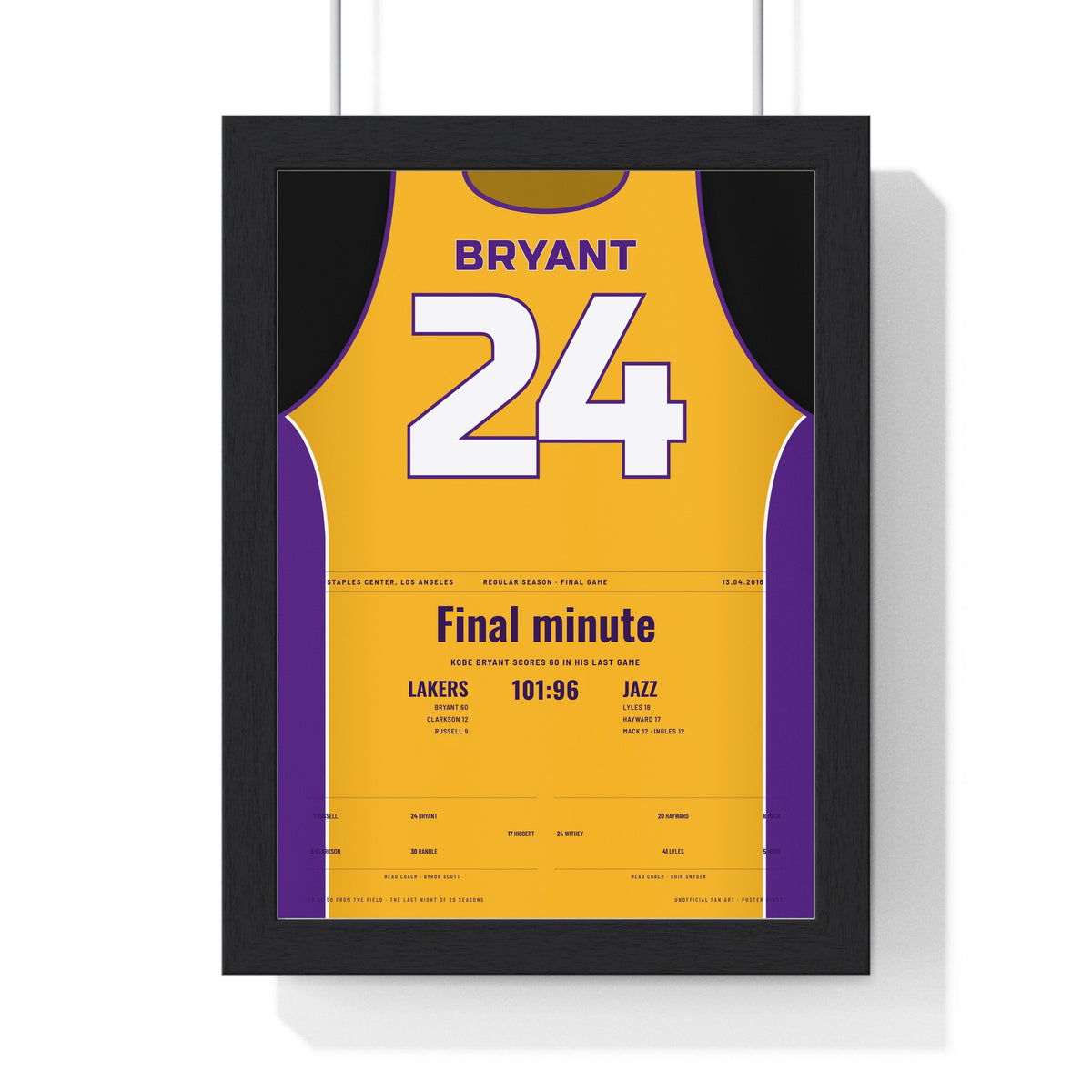Kobe Bryant Final Game 60 Points 2016 Poster - Los Angeles Lakers 24 Gold Jersey Print framed in a black frame, ready to hang