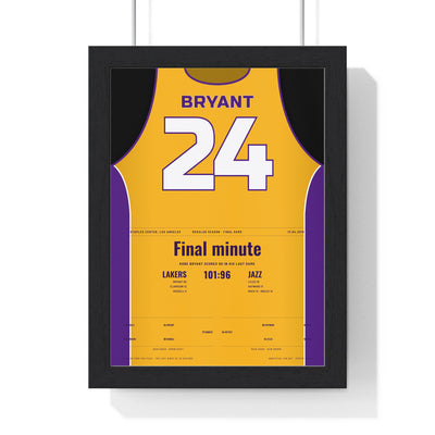 Kobe Bryant Final Game 60 Points 2016 Poster - Los Angeles Lakers 24 Gold Jersey Print framed in a black frame, ready to hang