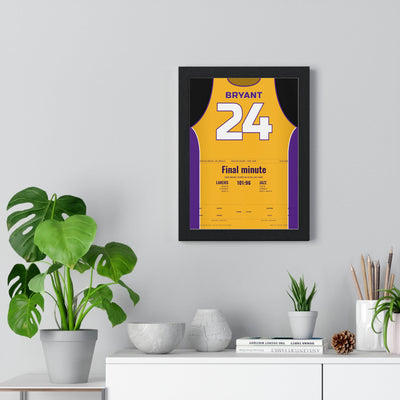 Kobe Bryant Final Game 60 Points 2016 Poster - Los Angeles Lakers 24 Gold Jersey Print framed on a living room wall