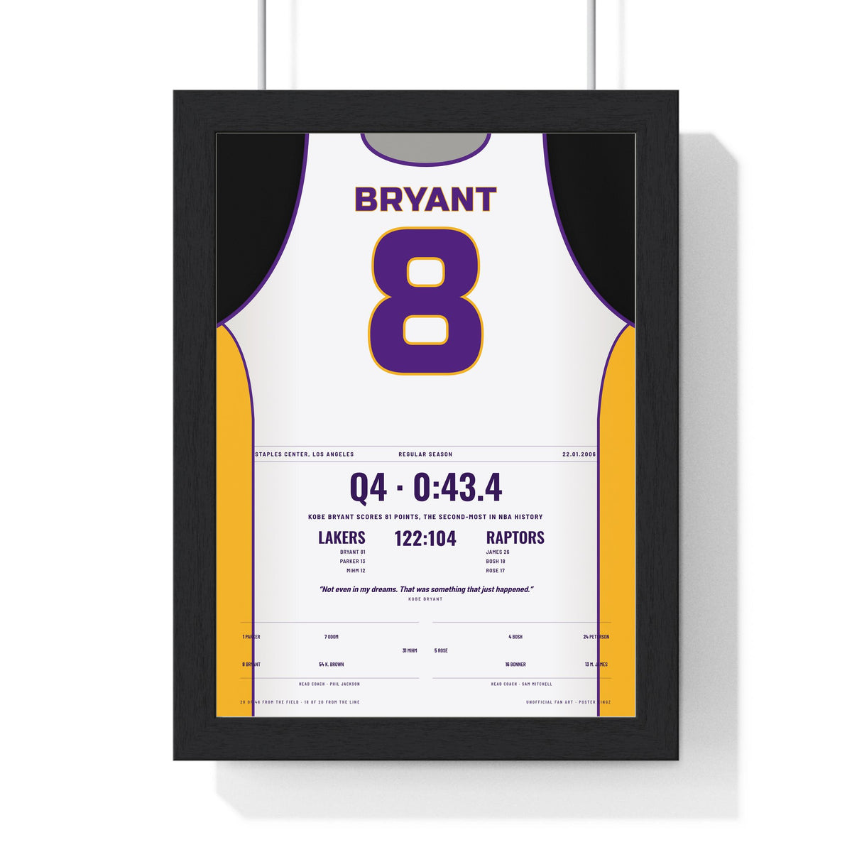Kobe Bryant 81 Points 2006 Poster - Los Angeles Lakers 8 White Jersey Print framed in a black frame, ready to hang