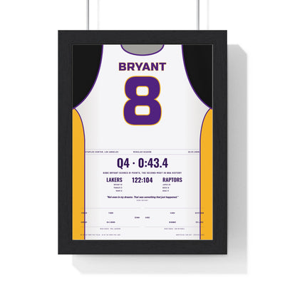 Kobe Bryant 81 Points 2006 Poster - Los Angeles Lakers 8 White Jersey Print framed in a black frame, ready to hang