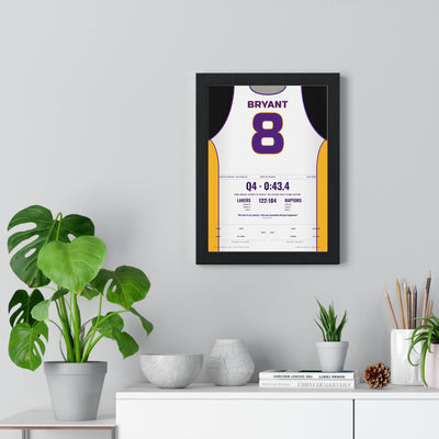 Kobe Bryant 81 Points 2006 Poster - Los Angeles Lakers 8 White Jersey Print framed on a living room wall