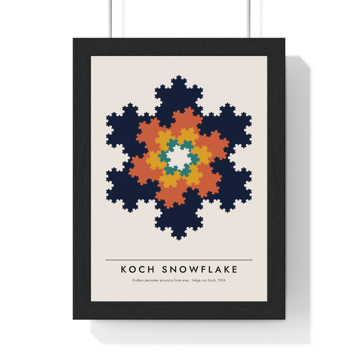 Koch Snowflake print framed in a black frame, ready to hang