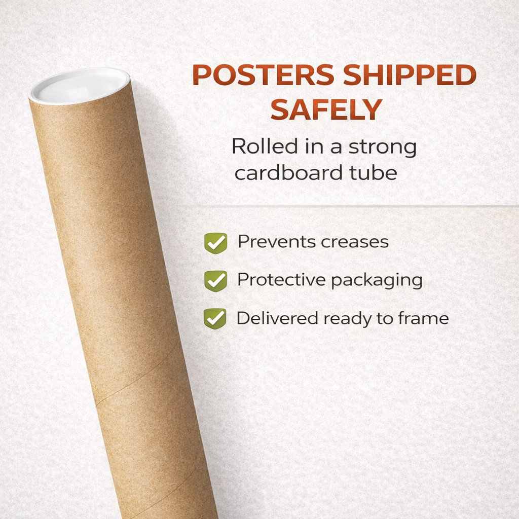 Rolled poster in a cardboard tube with safety features text on a white background