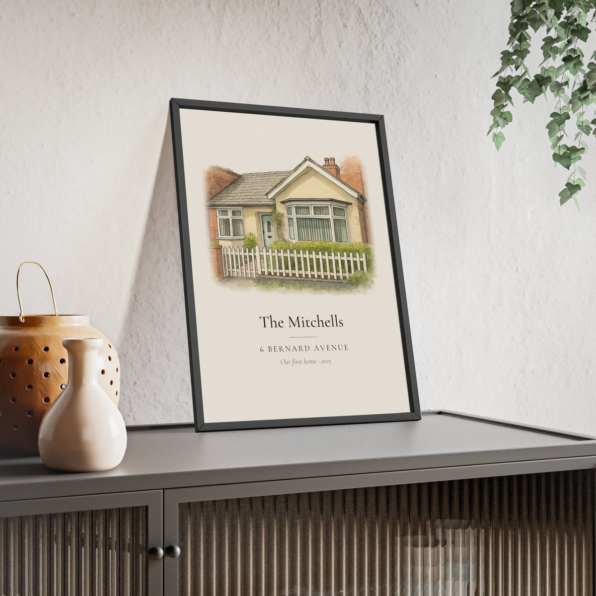 Bungalow house portrait from photo with white picket fence, personalised new home watercolour print
