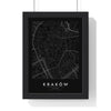 Kraków street map poster in black, minimal city map print framed in a black frame