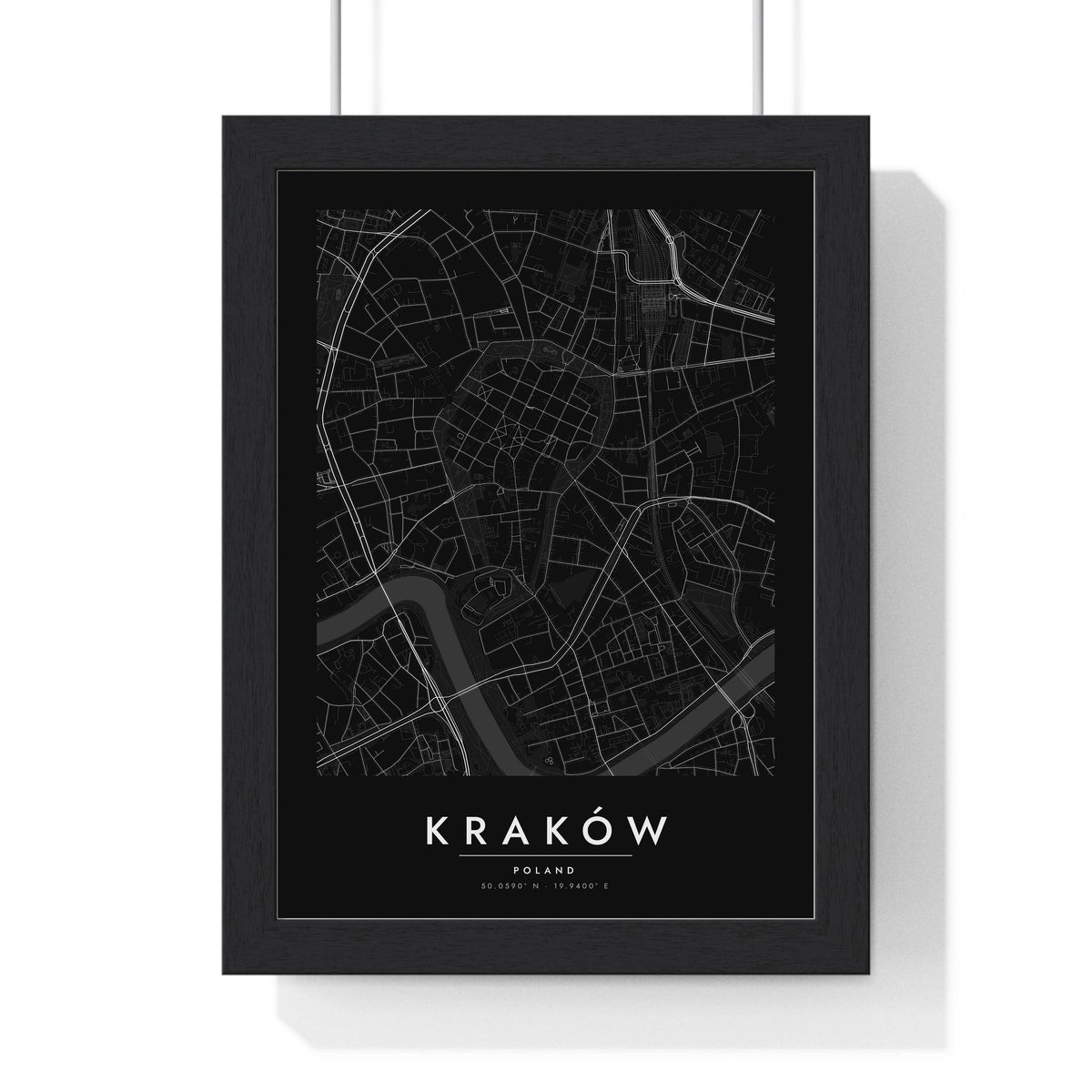 Kraków street map poster in black, minimal city map print framed in a black frame