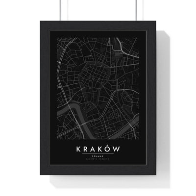 Kraków street map poster in black, minimal city map print framed in a black frame
