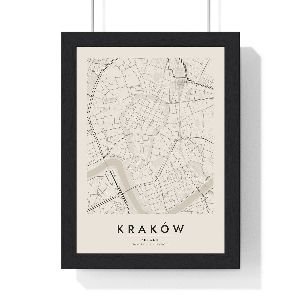 Kraków street map poster in cream, minimal city map print framed in a black frame