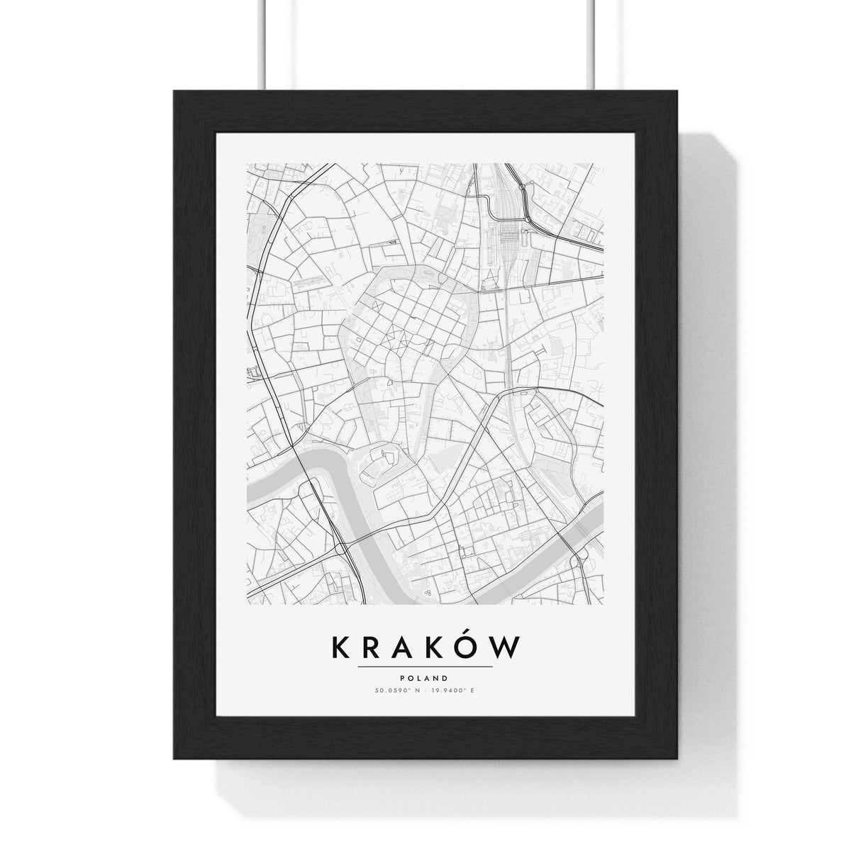 Kraków street map poster in white, minimal city map print framed in a black frame