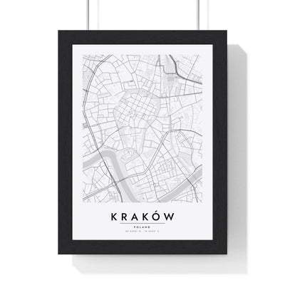 Kraków street map poster in white, minimal city map print framed in a black frame