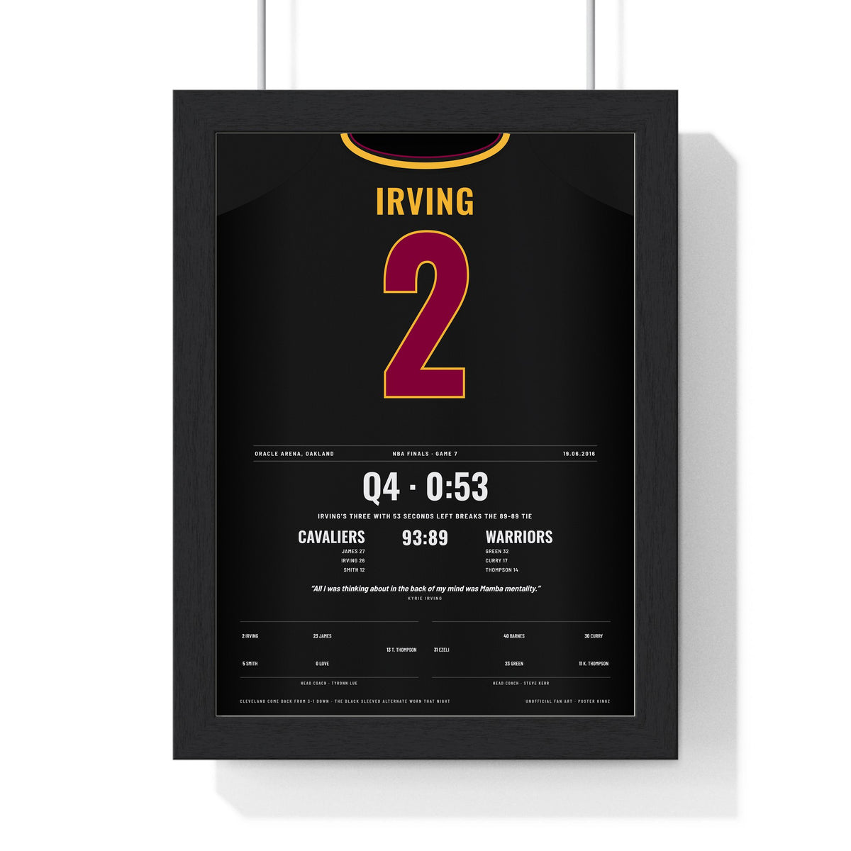 Kyrie Irving 2016 NBA Finals Game 7 Poster - Cleveland Cavaliers 2 Go-Ahead Three Jersey Print framed in a black frame, ready to hang