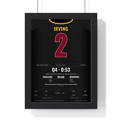 Kyrie Irving 2016 NBA Finals Game 7 Poster - Cleveland Cavaliers 2 Go-Ahead Three Jersey Print framed in a black frame, ready to hang