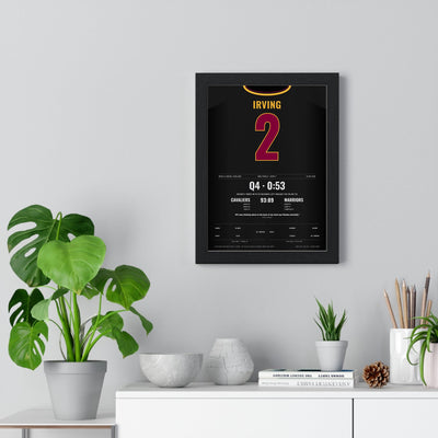 Kyrie Irving 2016 NBA Finals Game 7 Poster - Cleveland Cavaliers 2 Go-Ahead Three Jersey Print framed on a living room wall