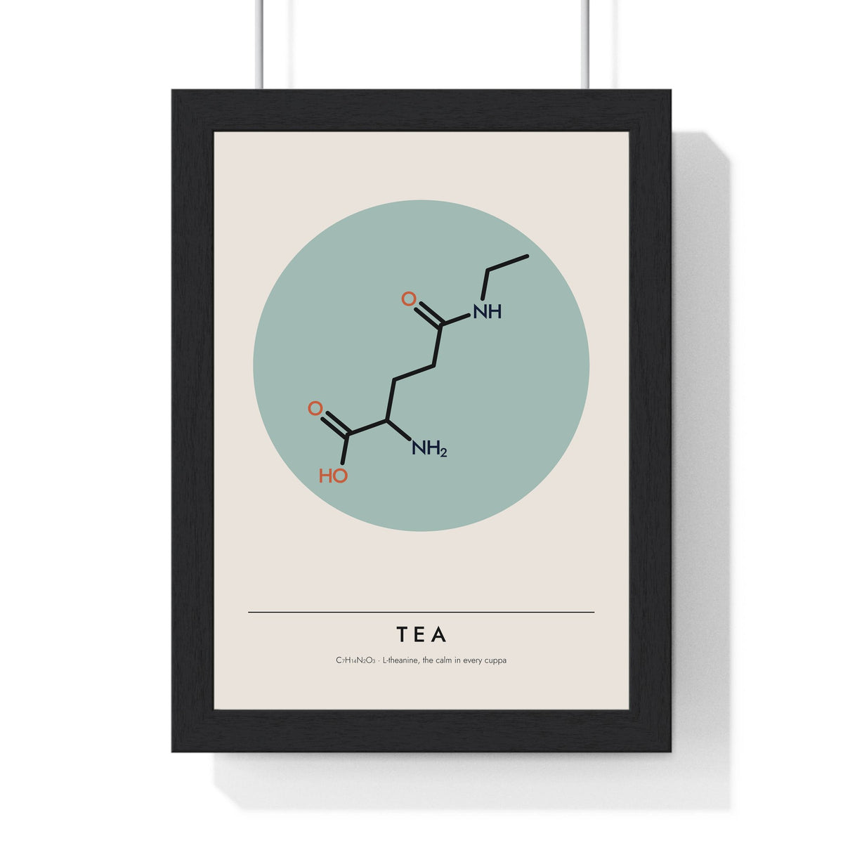 L-Theanine Molecule print framed in a black frame, ready to hang