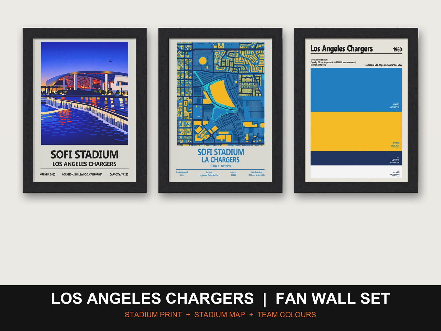 Los Angeles Chargers Fan Wall Set | SoFi Stadium Print, Stadium Map & Team Colours