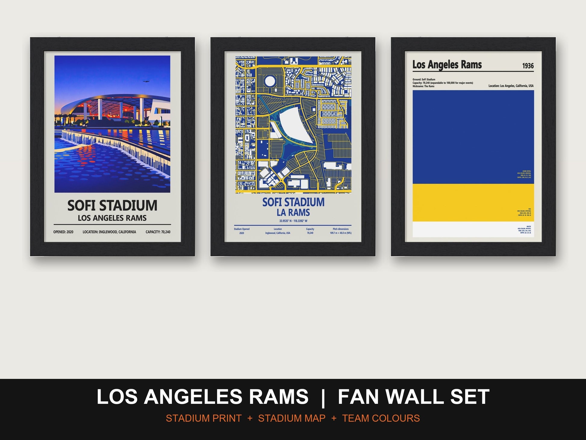 Los Angeles Rams Fan Wall Set | SoFi Stadium Print, Stadium Map & Team Colours