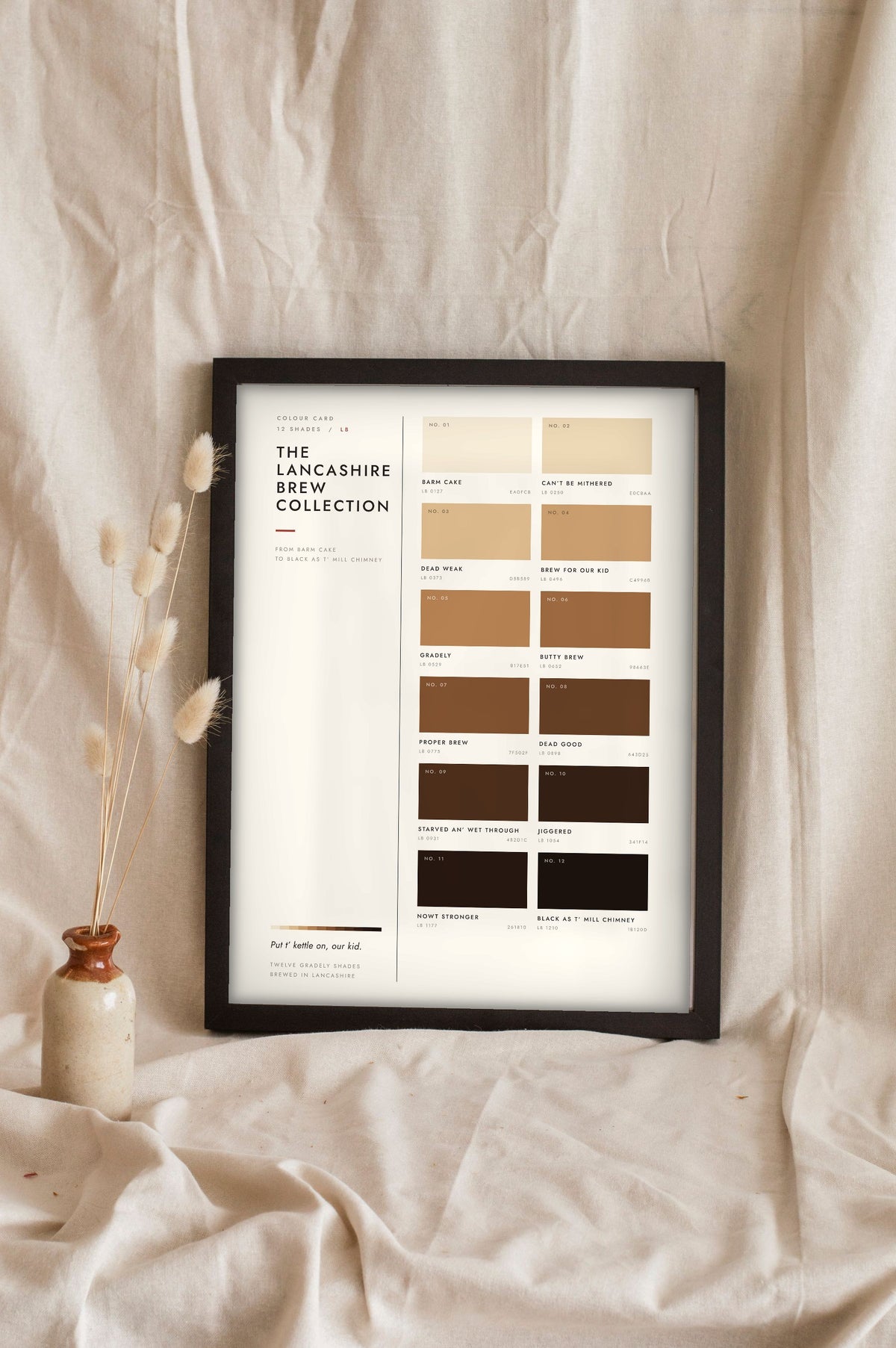 Lancashire Brew Colour Chart in a black frame propped up on linen
