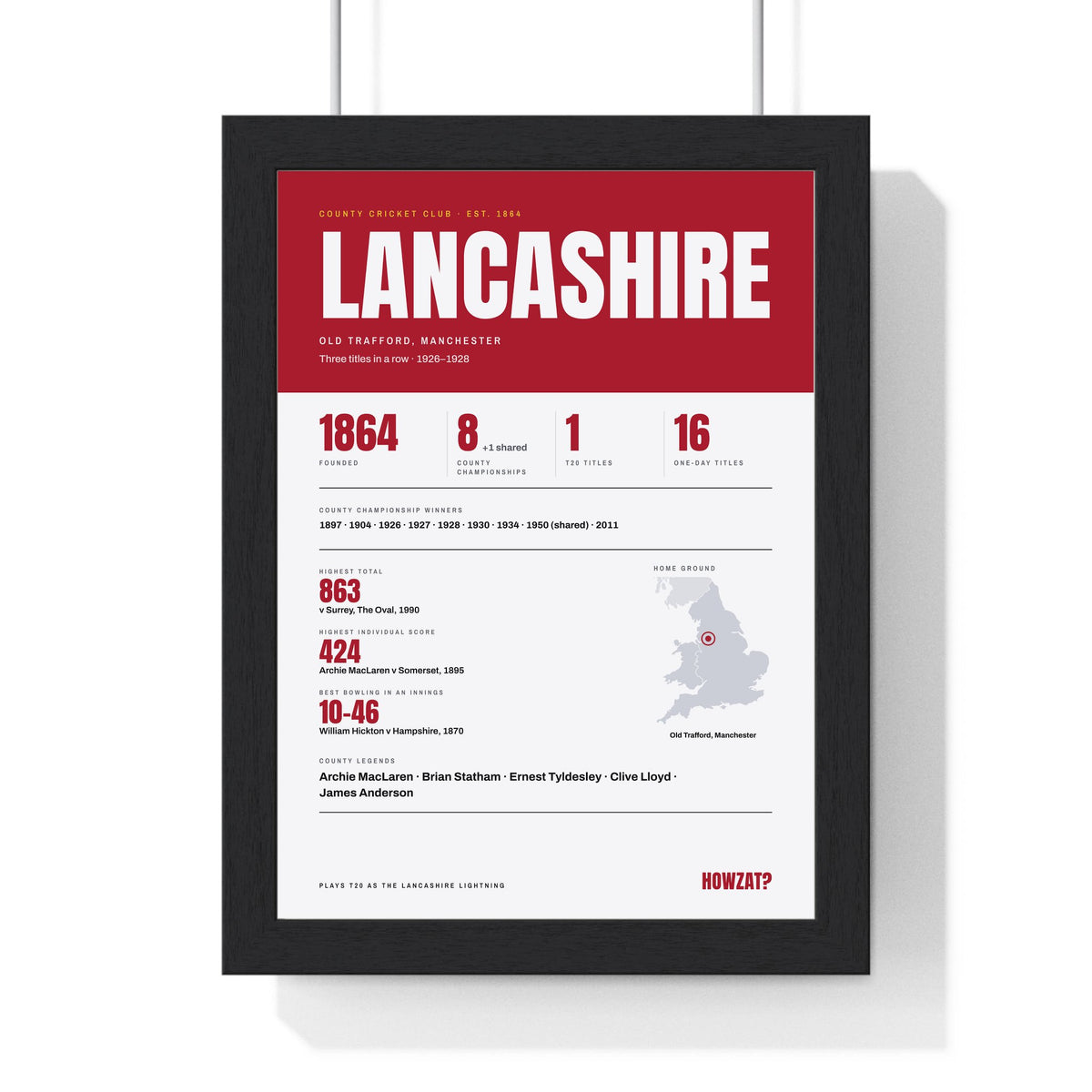 Lancashire Cricket print framed in a black frame, ready to hang