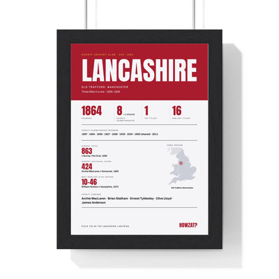 Lancashire Cricket print framed in a black frame, ready to hang