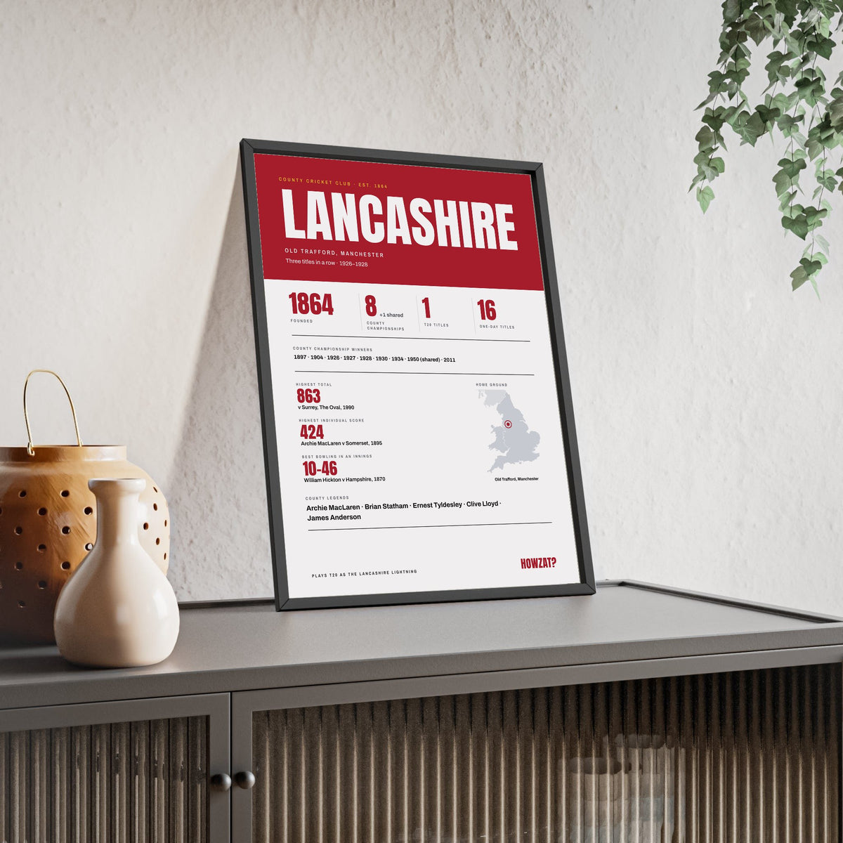 Lancashire Cricket print framed and leaning on a sideboard