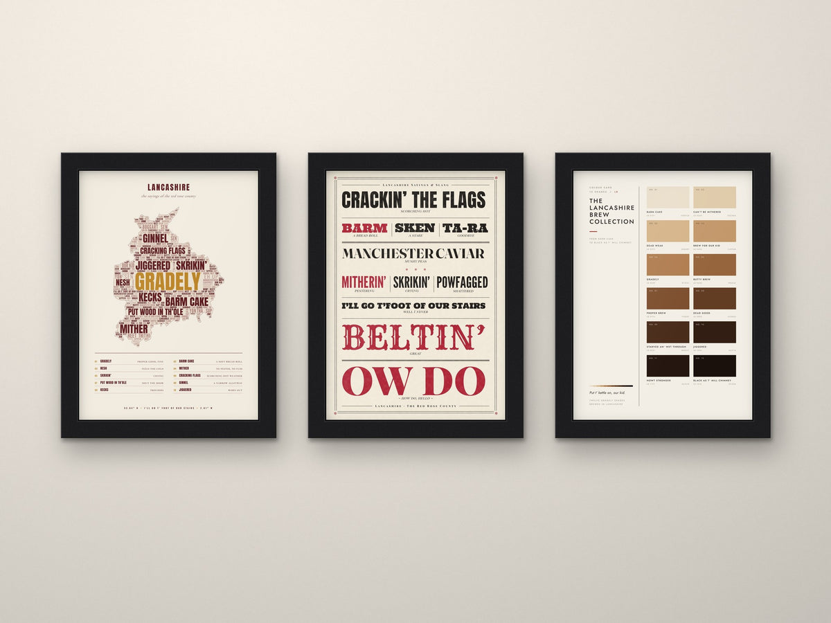 Lancashire Sayings Set of 3 Prints framed side by side on a wall