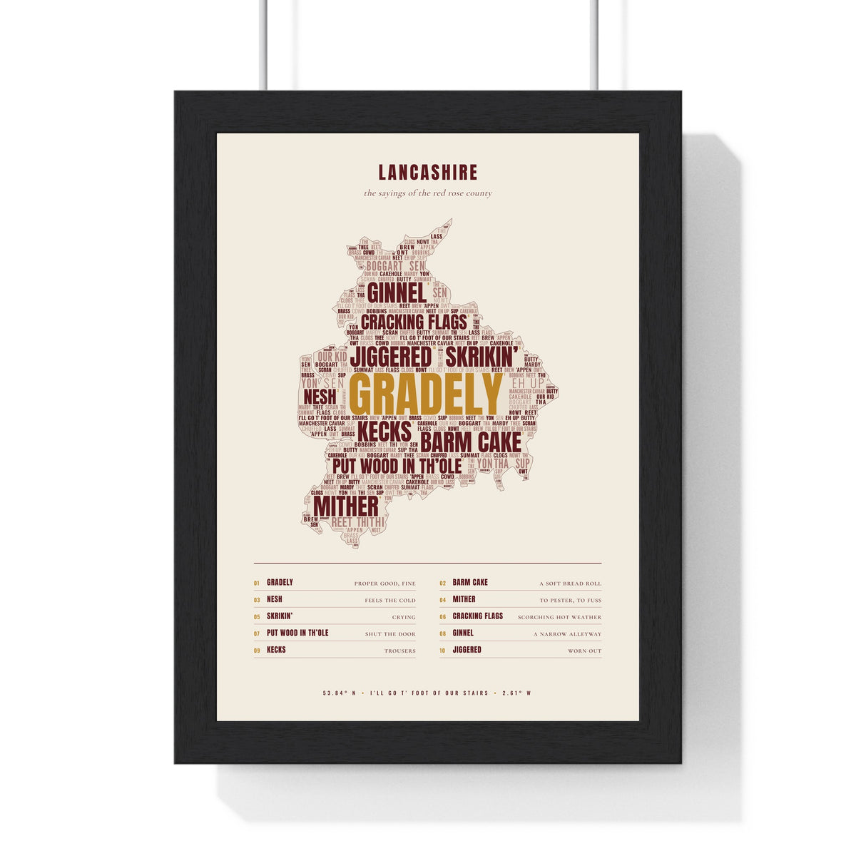 Lancashire Sayings Print in a black frame