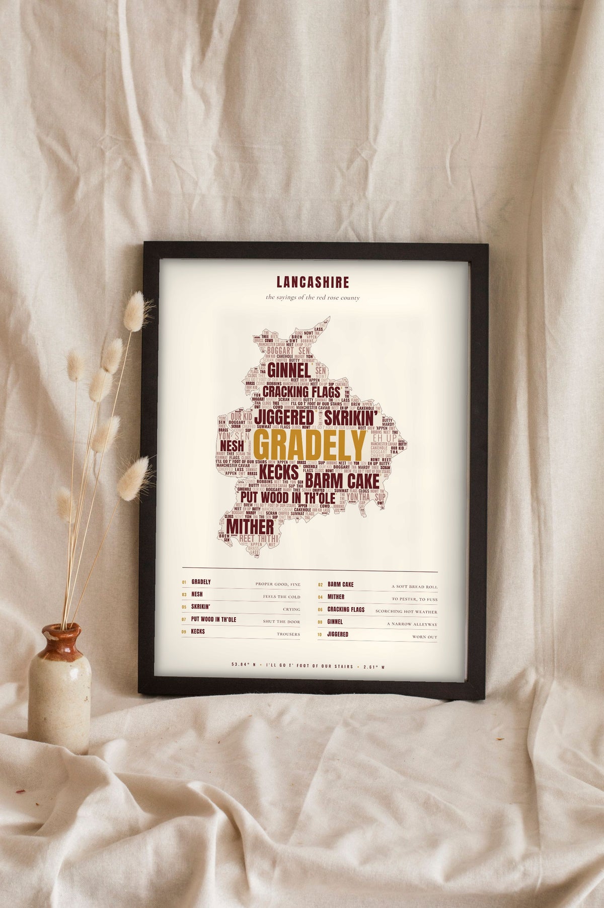 Lancashire Sayings Print in a black frame propped up on linen