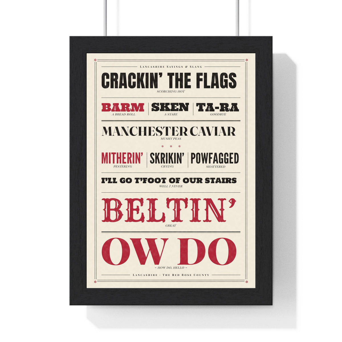 Lancashire Slang Print in a black frame