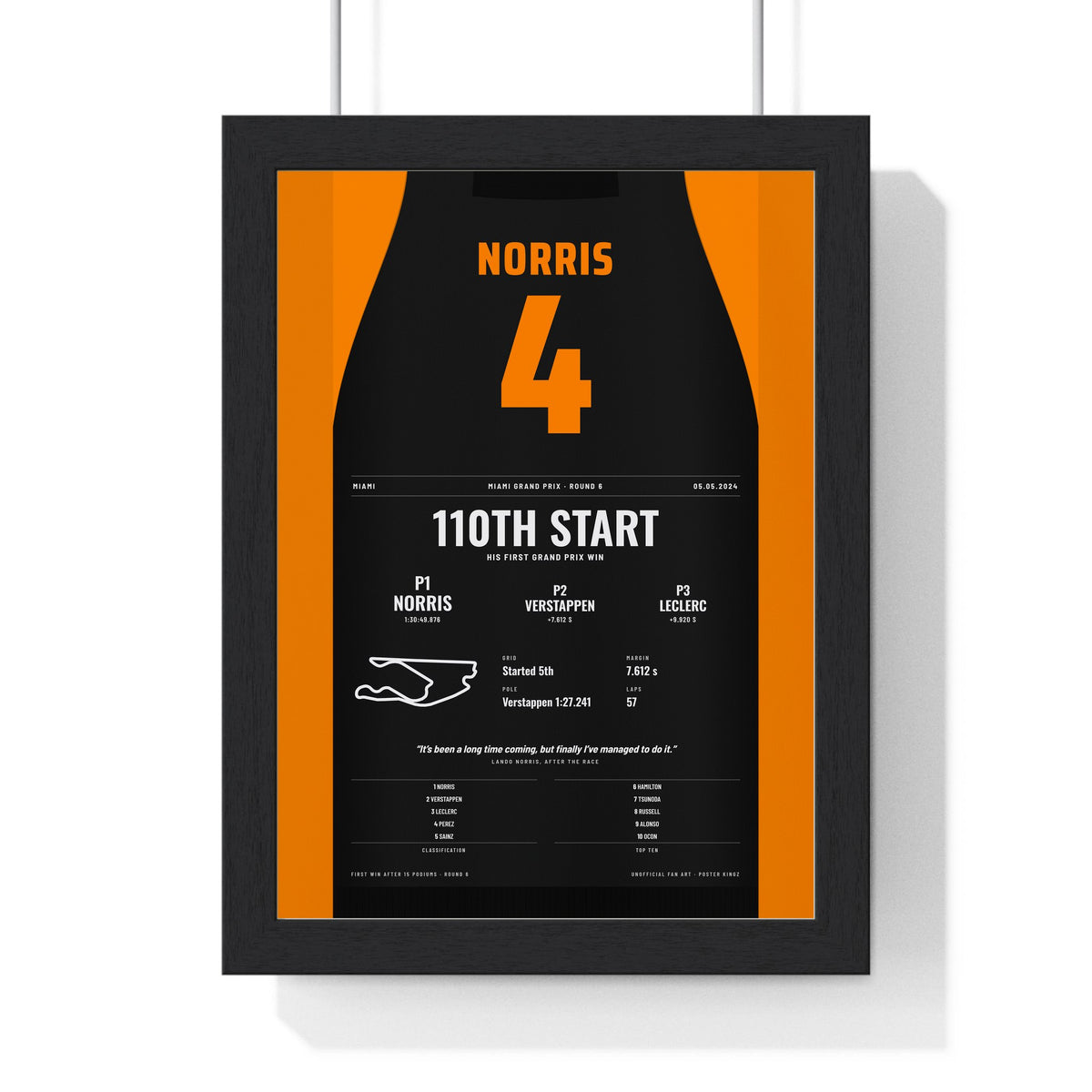Lando Norris 2024 Miami Grand Prix Win Poster - 4 Race Suit Print framed in a black frame, ready to hang