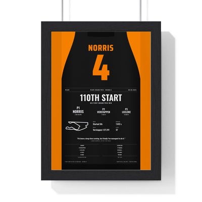 Lando Norris 2024 Miami Grand Prix Win Poster - 4 Race Suit Print framed in a black frame, ready to hang