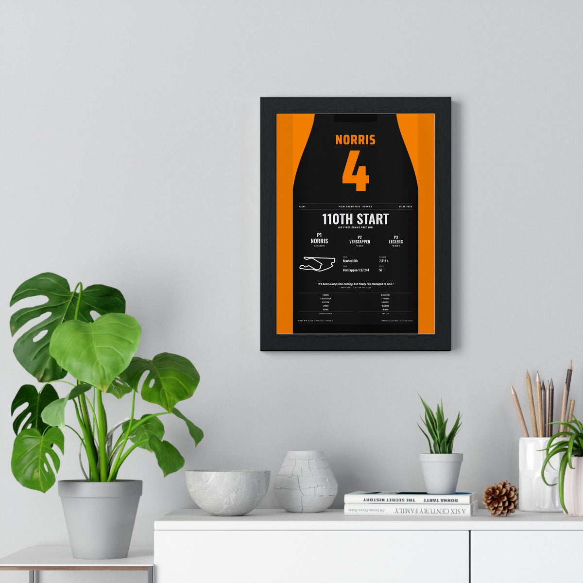 Lando Norris 2024 Miami Grand Prix Win Poster - 4 Race Suit Print framed on a living room wall
