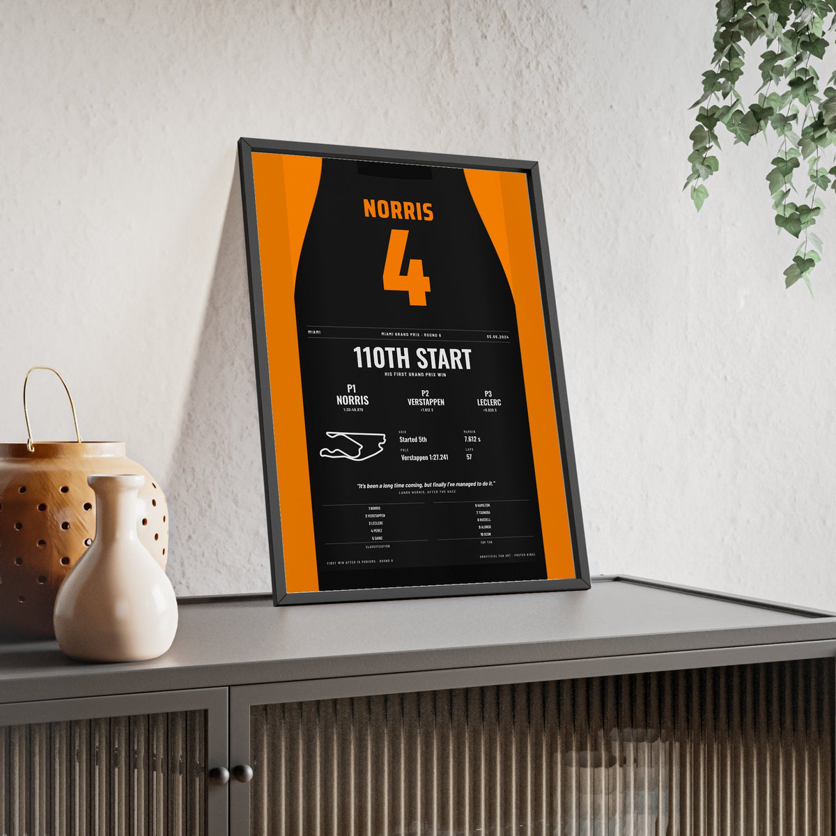 Lando Norris 2024 Miami Grand Prix Win Poster - 4 Race Suit Print framed and leaning on a sideboard