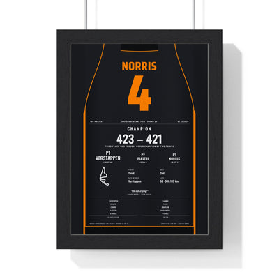 Lando Norris 2025 Abu Dhabi Grand Prix World Champion Poster - 4 Race Suit Print framed in a black frame, ready to hang