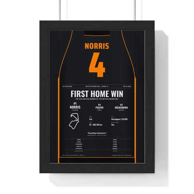 Lando Norris 2025 British Grand Prix Win Poster - 4 Race Suit Print framed in a black frame, ready to hang