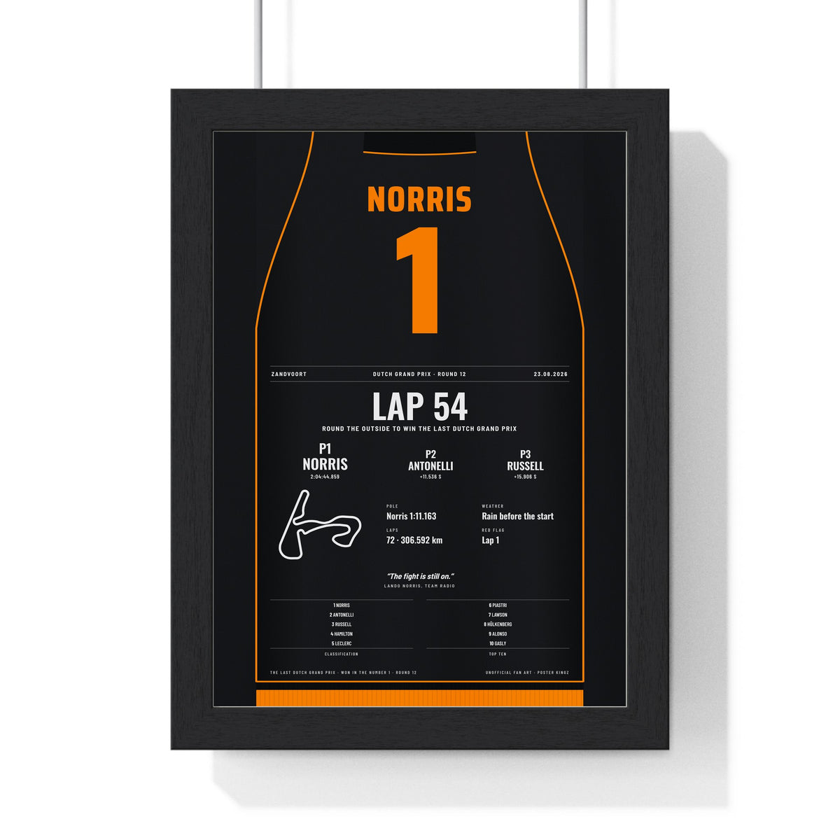 Lando Norris 2026 Dutch Grand Prix Win Poster - 1 Race Suit Print framed in a black frame, ready to hang