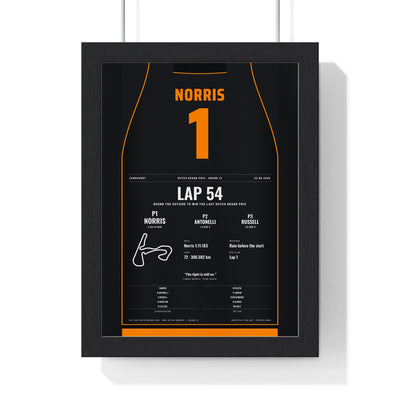 Lando Norris 2026 Dutch Grand Prix Win Poster - 1 Race Suit Print framed in a black frame, ready to hang