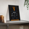 Lando Norris 2026 Dutch Grand Prix Win Poster - 1 Race Suit Print framed and leaning on a sideboard