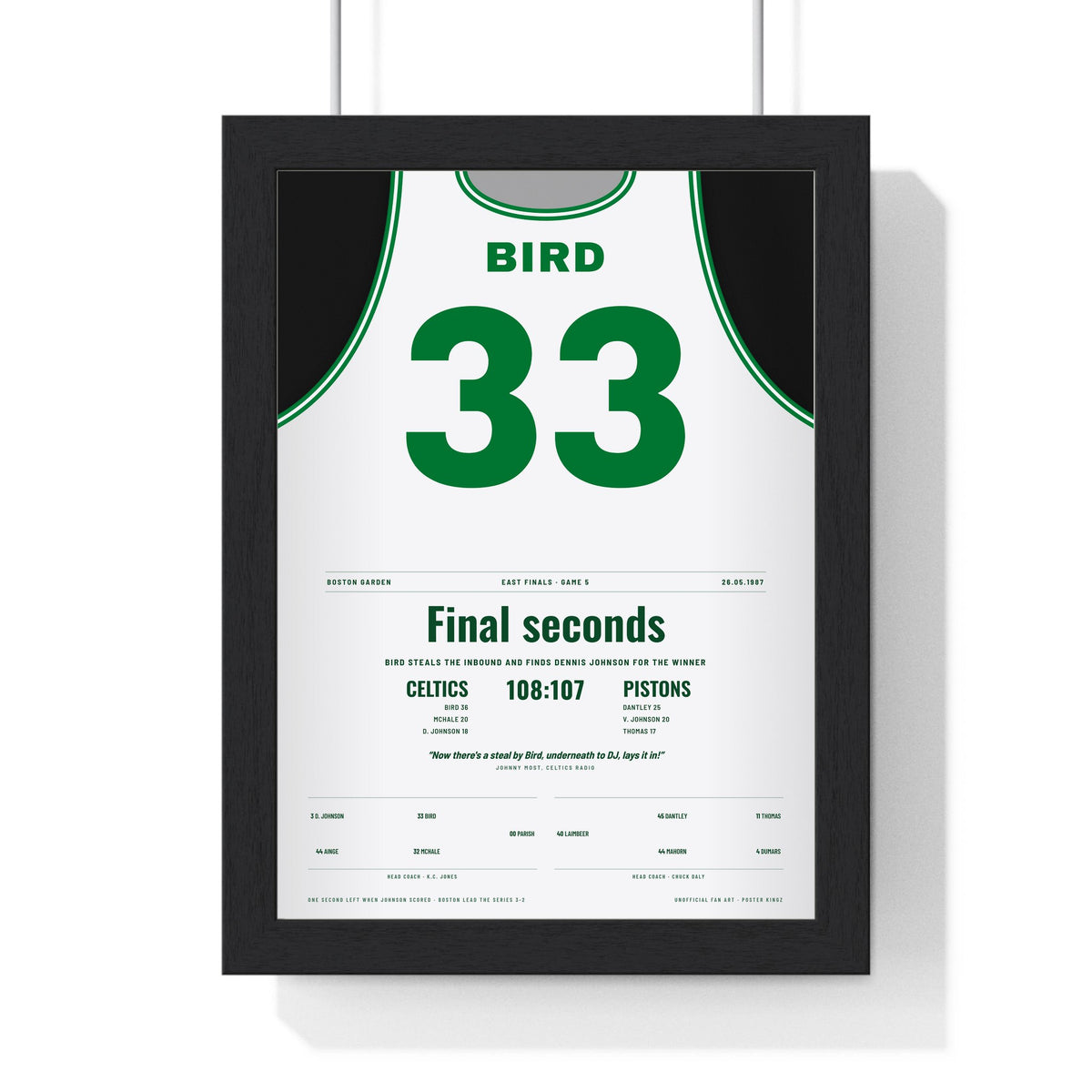 Larry Bird 1987 Steal Poster - Boston Celtics 33 East Finals Game 5 Jersey Print framed in a black frame, ready to hang