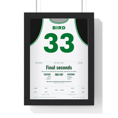 Larry Bird 1987 Steal Poster - Boston Celtics 33 East Finals Game 5 Jersey Print framed in a black frame, ready to hang