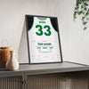 Larry Bird 1987 Steal Poster - Boston Celtics 33 East Finals Game 5 Jersey Print framed and leaning on a sideboard
