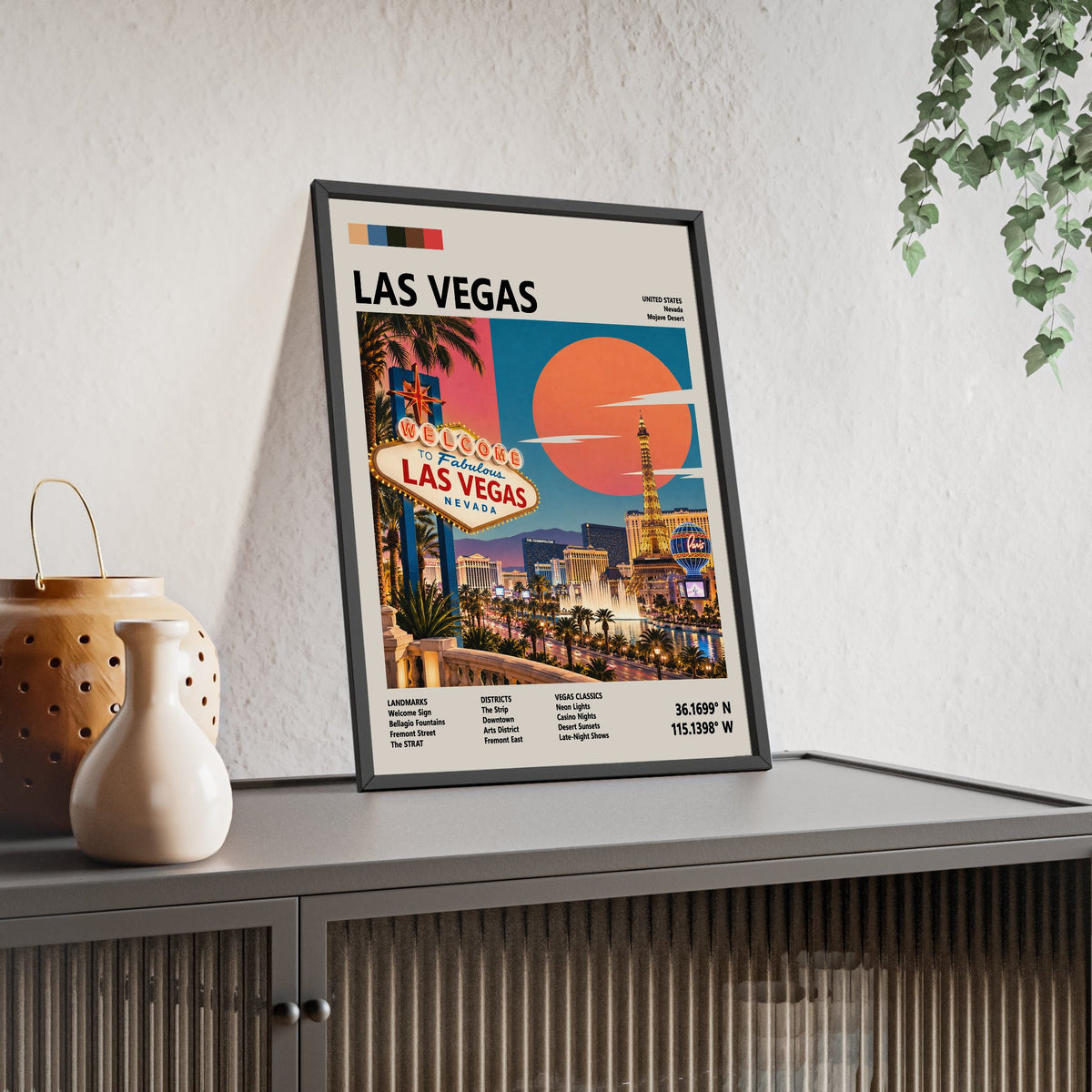 Las Vegas Mid Century Travel print framed and leaning on a sideboard