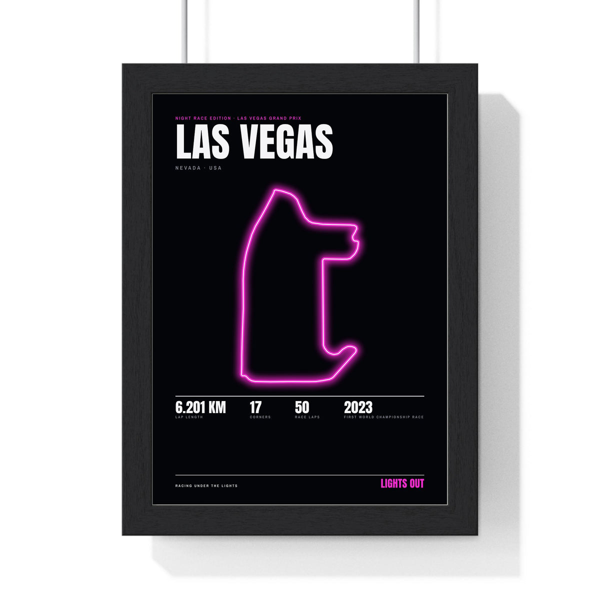 Las Vegas Night Race print framed in a black frame, ready to hang