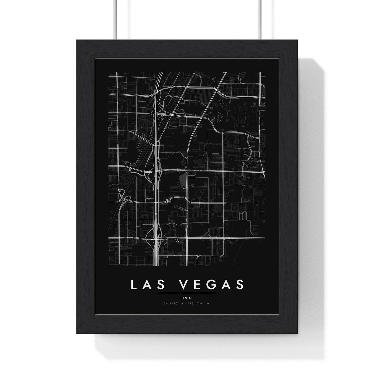 Las Vegas street map poster in black, minimal city map print framed in a black frame