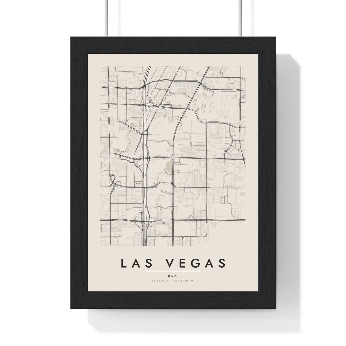 Las Vegas street map poster in cream, minimal city map print framed in a black frame