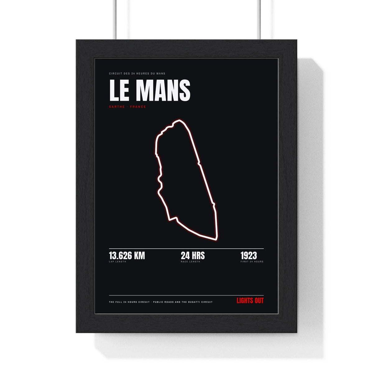 Le Mans Circuit print framed in a black frame, ready to hang