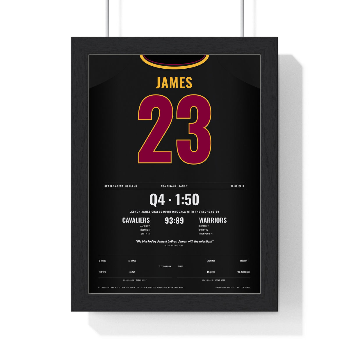 LeBron James 2016 NBA Finals Game 7 Block Poster - Cleveland Cavaliers 23 Jersey Print framed in a black frame, ready to hang