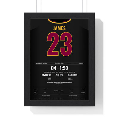 LeBron James 2016 NBA Finals Game 7 Block Poster - Cleveland Cavaliers 23 Jersey Print framed in a black frame, ready to hang