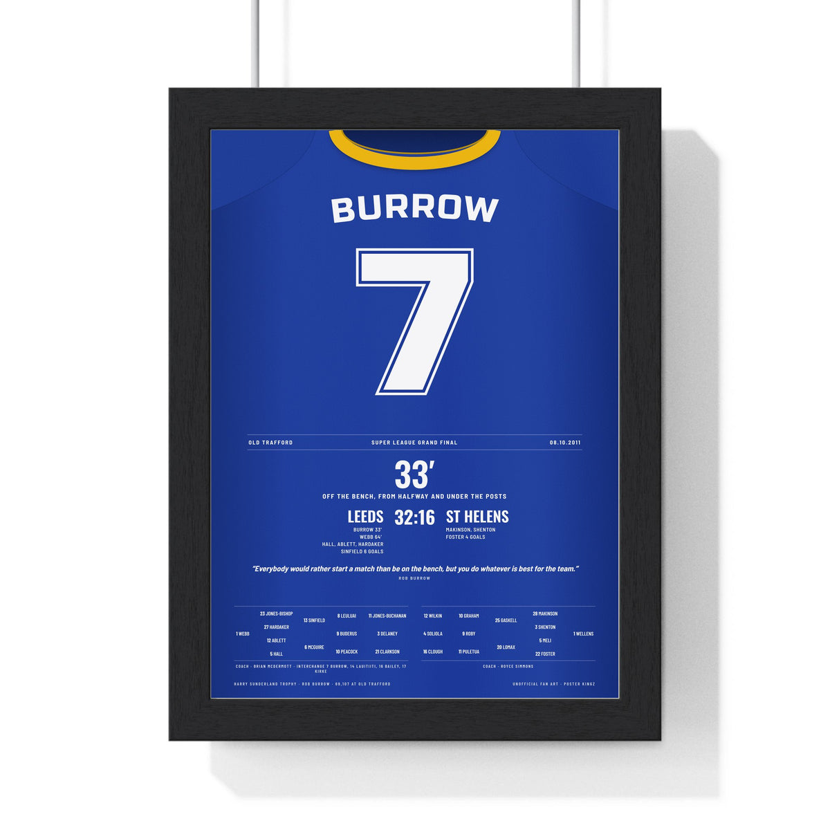 Leeds Rhinos Grand Final 2011 Poster - Rob Burrow 7 Try Old Trafford Rugby League Print framed in a black frame, ready to hang
