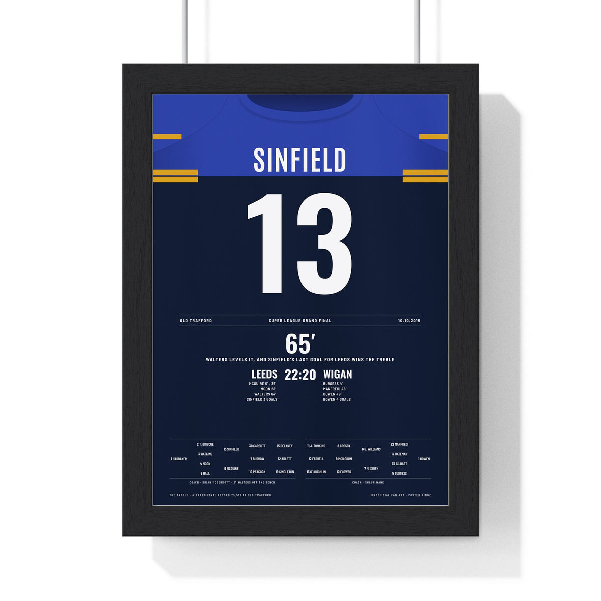Leeds Rhinos Grand Final 2015 Poster - Kevin Sinfield 13 Treble Old Trafford Rugby League Print framed in a black frame, ready to hang
